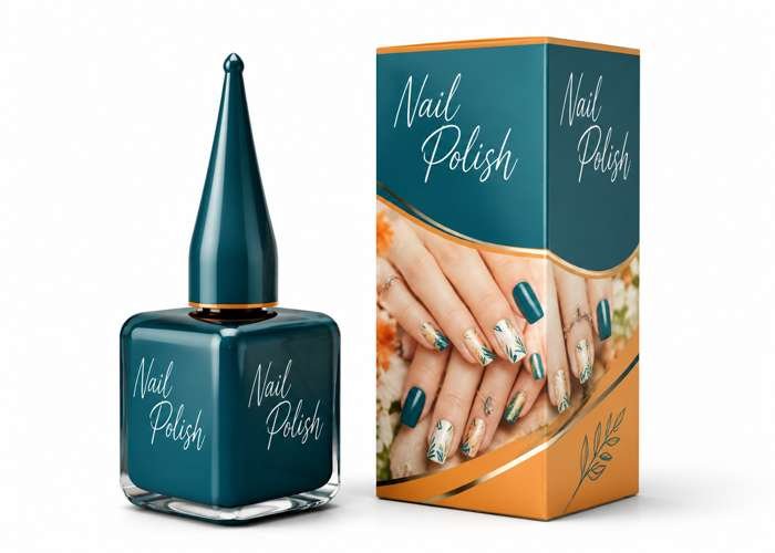 Teal nail polish with matching box and manicure design.