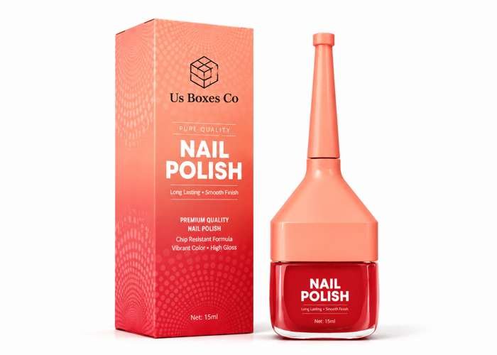 Coral nail polish with bold packaging and glossy finish.