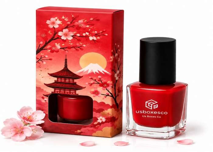Red nail polish with cherry blossom themed packaging.