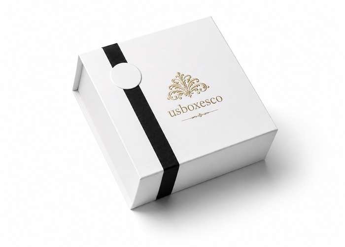 White premium perfume gift box with a black ribbon-style accent and gold logo, displayed on a white background.