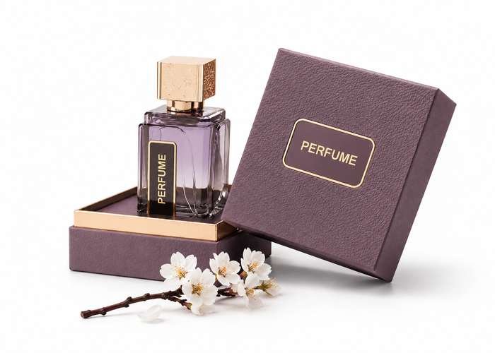 Purple perfume bottle with a gold cap beside a matching premium gift box, displayed with white blossoms on a white background.