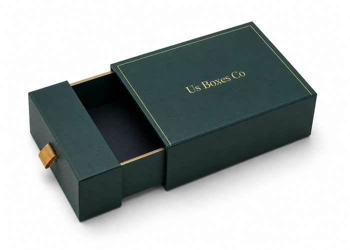 Dark green premium drawer-style gift box with a gold ribbon pull tab, shown partially open on a white background.