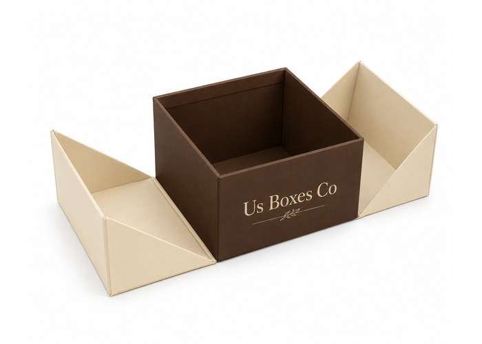 Brown collapsible rigid gift box with cream fold-out sides, shown open on a white background.