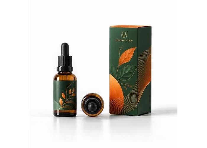 Amber serum dropper bottle with a matching green and orange skincare box on a white background.