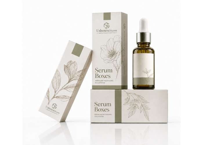 Amber serum dropper bottle with elegant white floral serum packaging boxes, displayed on a clean white background.