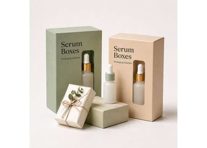 Minimalist serum packaging boxes with frosted dropper bottles and a wrapped gift box, displayed on a clean white background.