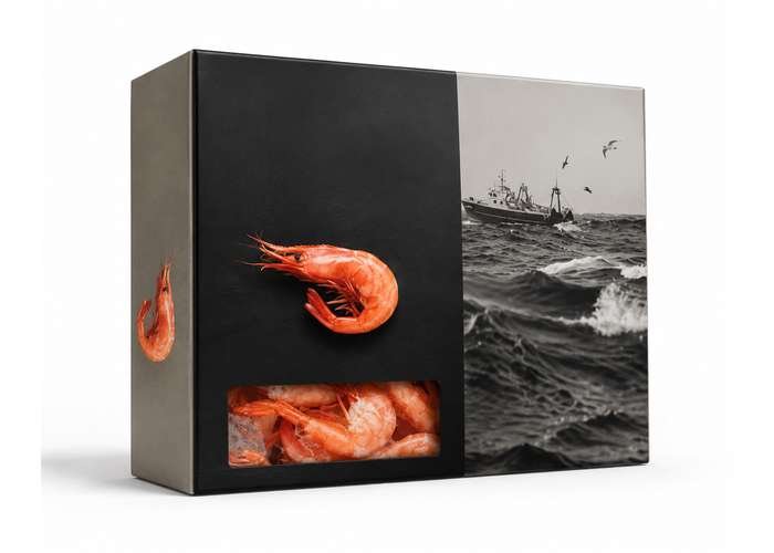 Black shrimp box with shrimp and fishing boat imagery.