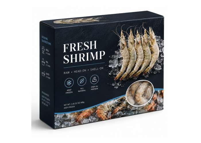 Frozen fresh shrimp in a dark blue retail box.