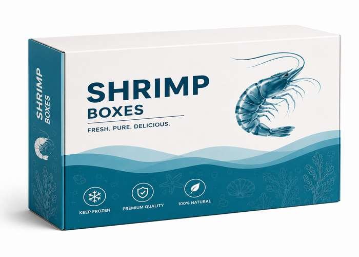 Blue and white frozen shrimp retail box.