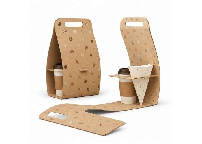 Eco-friendly cardboard takeaway coffee carrier boxes holding cups and bowls for food delivery.