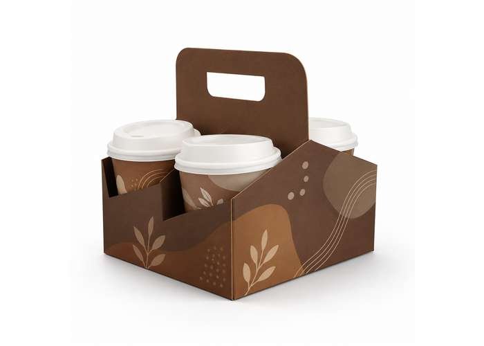 Brown cardboard coffee carrier holding three takeaway coffee cups in a minimal eco-friendly packaging design.