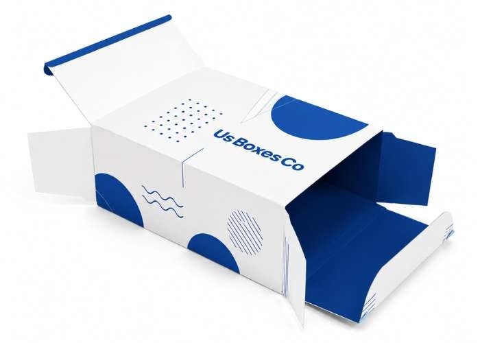White tuck-end box with blue geometric accents.