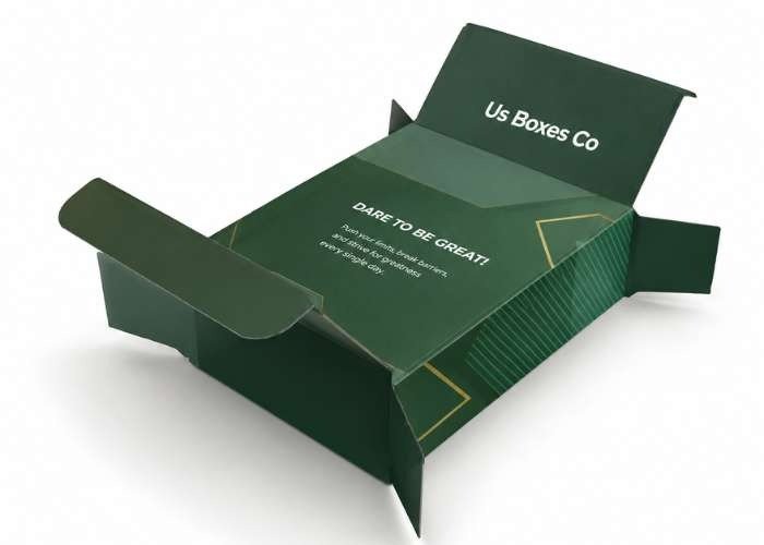 Green tuck-end box with custom branding and open flaps.