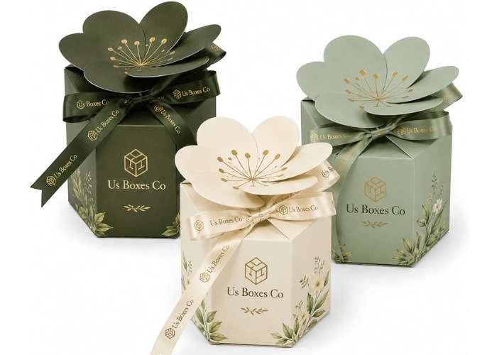 Three floral Twist Top Boxes in green and cream with flower-shaped lids, ribbon bows, and Us Boxes Co branding on a white background.
