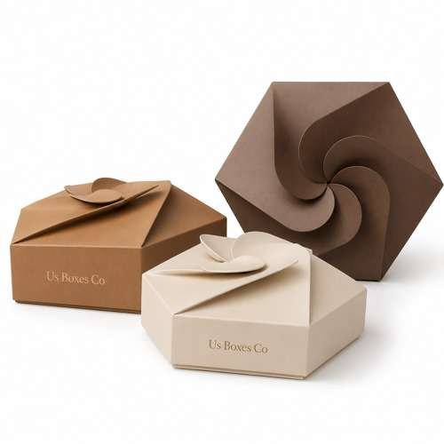 Three Twist Top Boxes with decorative twist-lock lids in brown and cream, displayed on a white background.