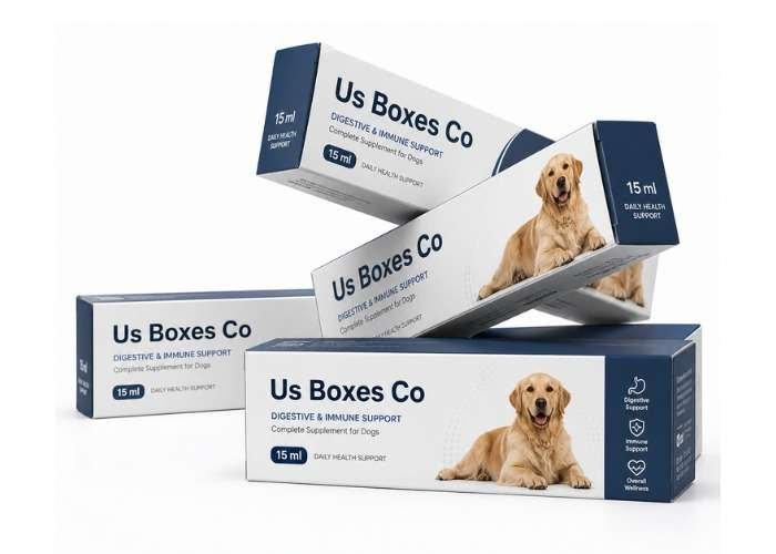 Four white and navy blue Veterinary Medicine Boxes labeled "Us Boxes Co" with a golden retriever pictured on the packaging.