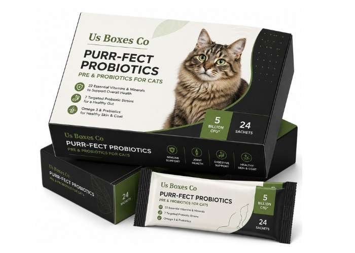Black, white, and green cat Veterinary Medicine Boxes with a tabby cat image, featuring boxes and a single sachet.