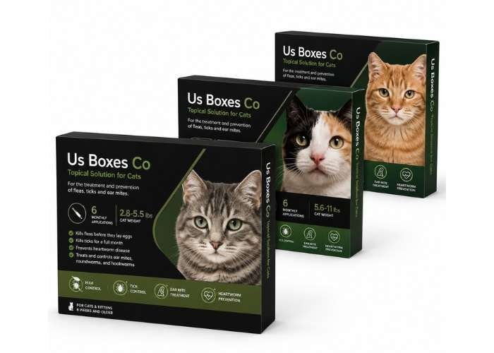 Three black and green cat Veterinary Medicine Boxes featuring different cats on the packaging for various weight ranges.
