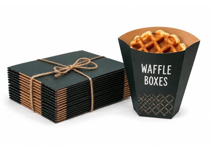 Several waffle boxes filled with waffles, positioned next to a plain black box.