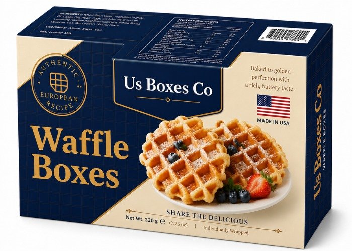 A box containing several waffle boxes, each labeled with different flavors and designs.