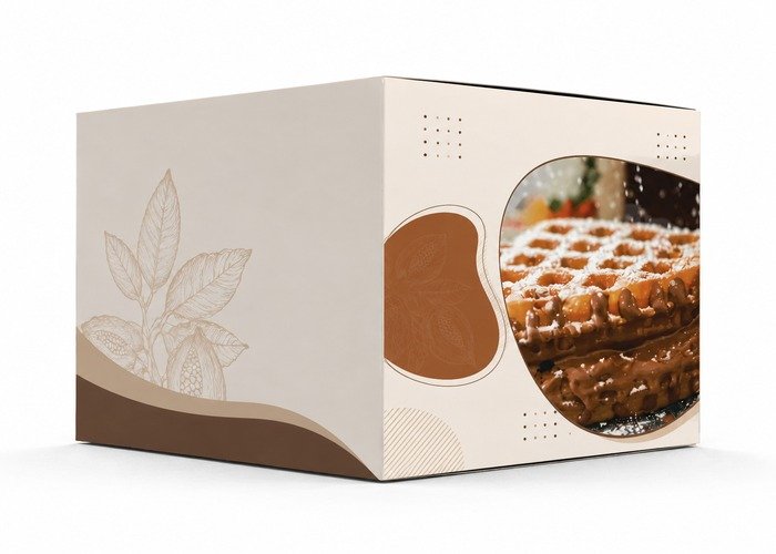 A box containing a regular waffle and a chocolate waffle, showcasing their distinct textures and colors.