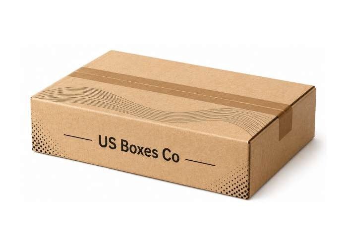 Custom amazon box with US Boxes Co branding and wave pattern design.