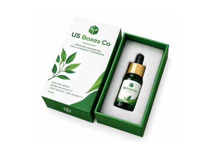 US Boxes Co green dropper bottle packaging box with leaf design.