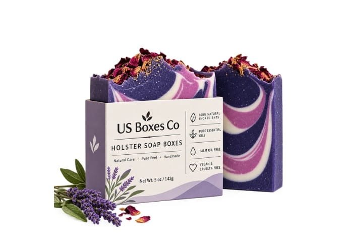 Two purple marbled artisan soaps in custom Holster Soap Boxes with lavender accents.