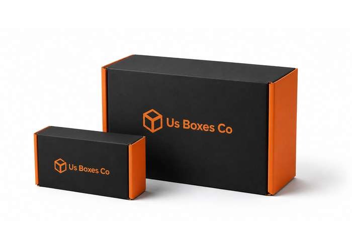 Two rectangular die cut boxes with black and orange design, labeled "Us Boxes Co," displayed on a white background.