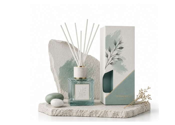 Reed diffuser box and bottle with botanical packaging on a white background.