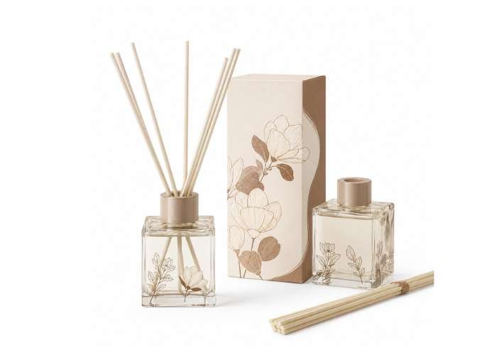 Glass reed diffuser bottles with floral packaging and scattered diffuser reeds on a white background.