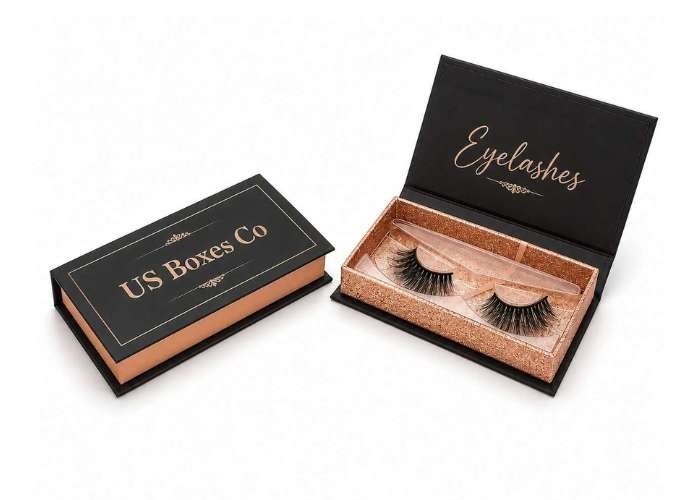 Black and rose-gold eyelash boxes, one closed and one open with false lashes.