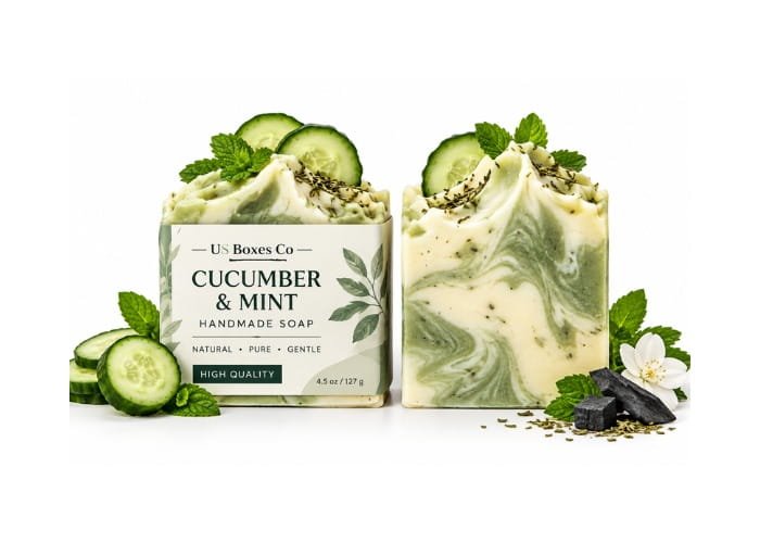 Two cucumber and mint handmade soaps in custom soap boxes with fresh garnishes.