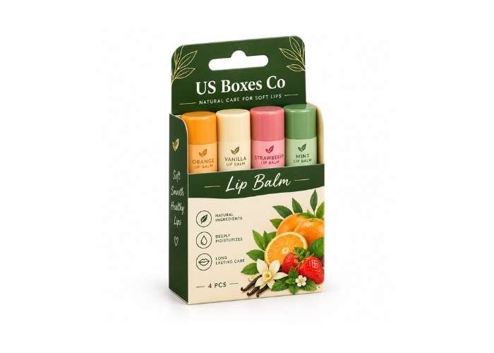 Green “US Boxes Co” lip balm gift box with four colorful flavored lip balms.