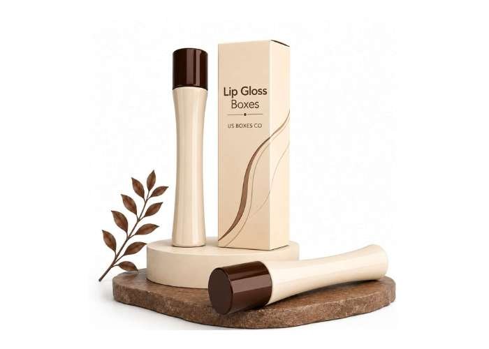 Cream and chocolate lip gloss packaging with matching cosmetic tubes on a white studio background.