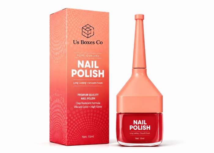 Coral nail polish with bold packaging and glossy finish.