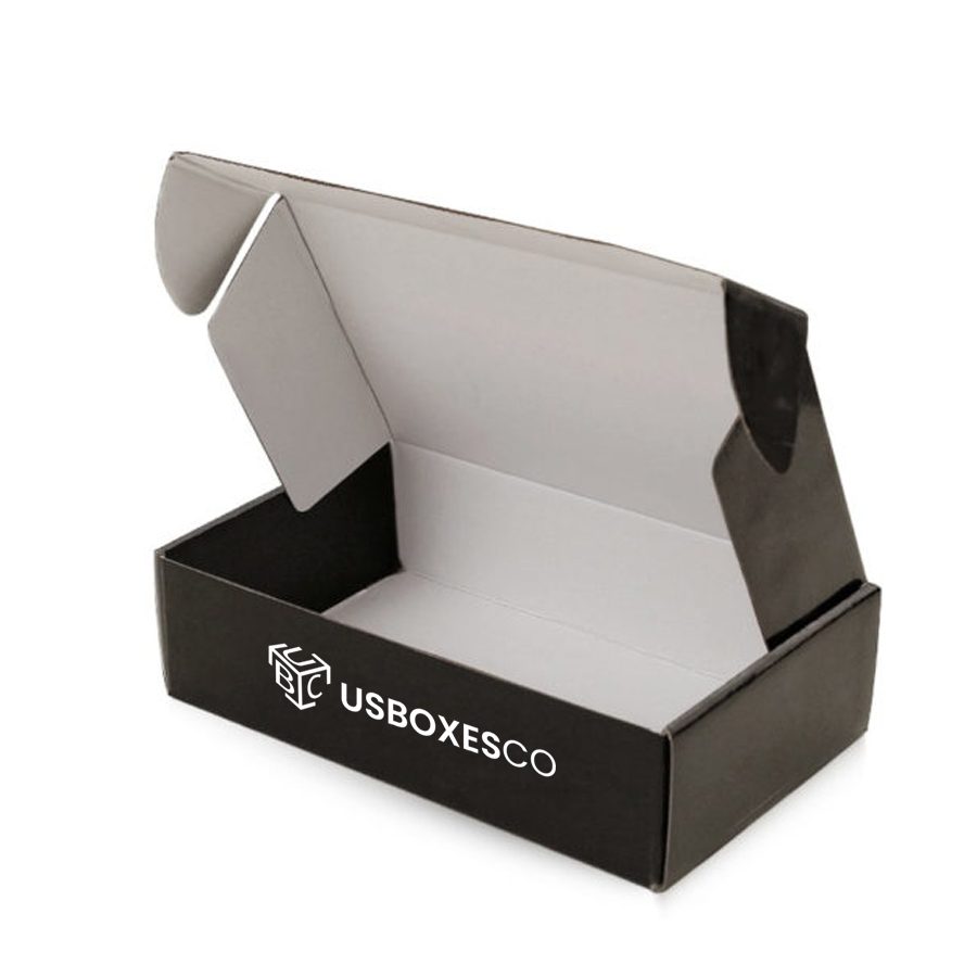 Black die-cut boxes with logo